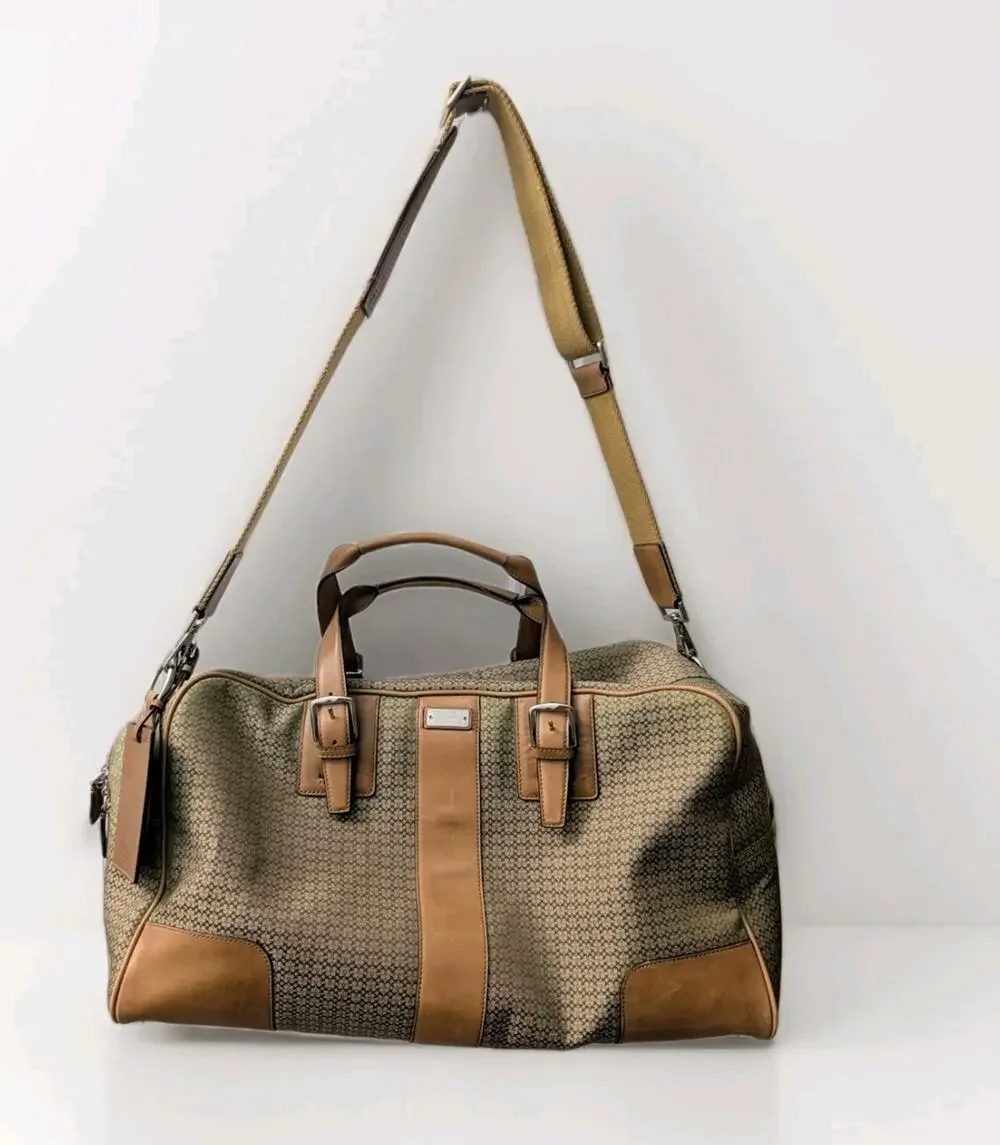 Coach Signature C Monogram Weekender Travel Bag Leather Trim Tan Green RARE